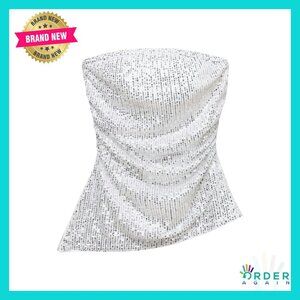 Glitter Sequin Strapless Tube Top Ruched Asymmetrical Bandeau Y2K Chic
